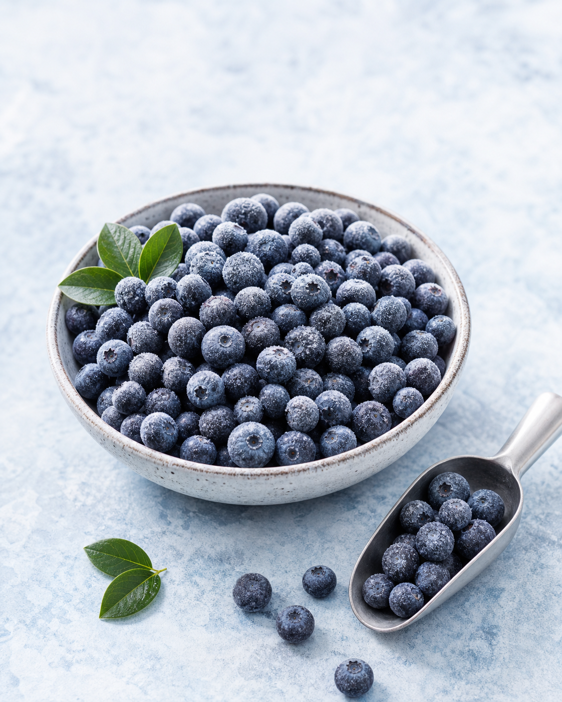 Frosted frozen blueberries served in a bowl with a berry scoop
