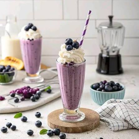 Blueberry milkshakes topped with whipped cream and fresh berries