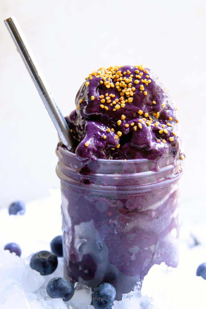 Frozen blueberry sorbet served in a chilled jar