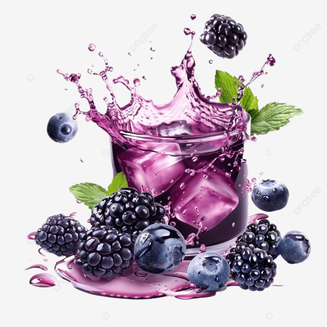 Berry juice splashing around blueberries and blackberries